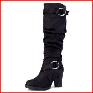 Women's Knee High Boots Chunky Block Heel Winter Boots Side Zippers